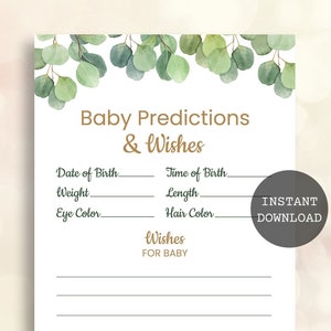 Prédictions et vœux de bébé Jeux de verdure pour baby shower Jeux de baby shower d'eucalyptus à imprimer
