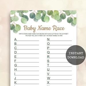 Eucalyptus baby name race game Greenery baby shower games printable