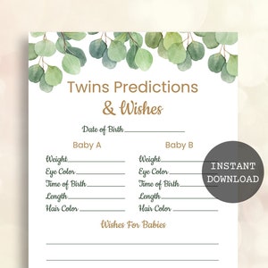 Predicciones y deseos para gemelos Juegos para baby shower con vegetación Juegos para baby shower con eucalipto para imprimir