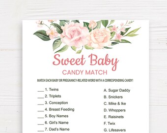 Sweet baby candy match game Floral baby shower games printable Blush pink baby shower