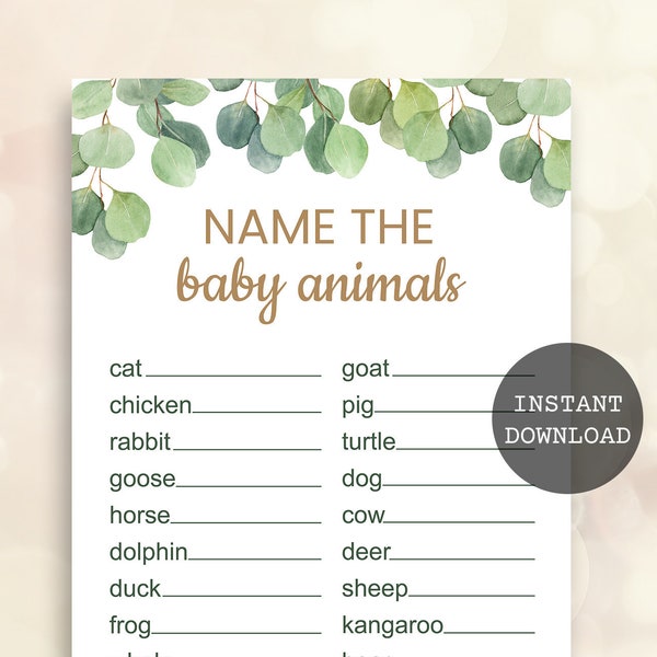 Name the baby animals game Greenery baby shower Eucalyptus baby shower games printable