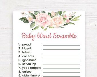 Baby word scramble game Floral baby shower games printable Blush pink baby shower