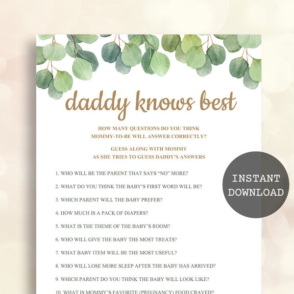 Daddy knows best Eucalyptus baby shower game Greenery baby shower games printable