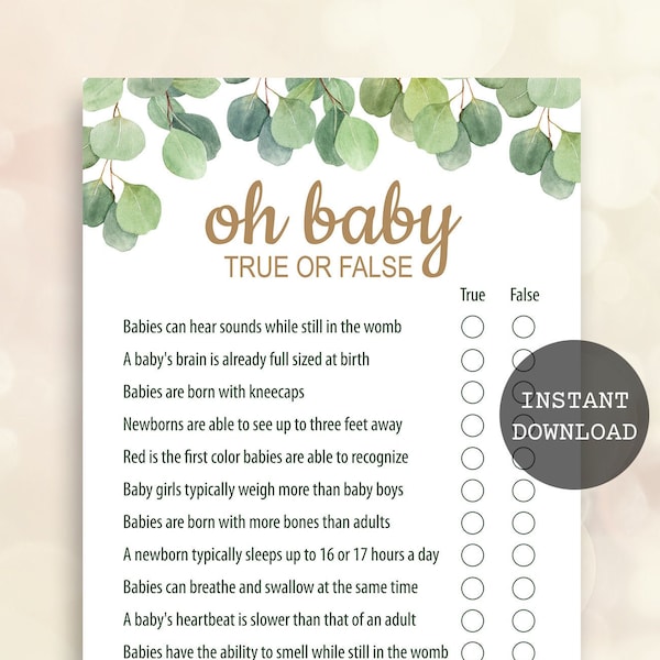 Oh baby true or false Greenery baby shower games printable Eucalyptus baby shower games