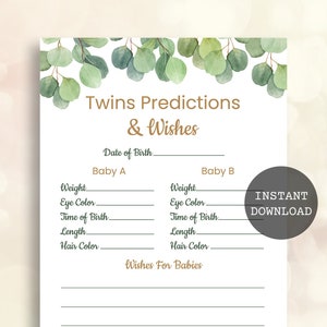 Twins predictions and wishes Greenery baby shower games Eucalyptus baby shower games printable