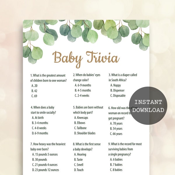 Eucalyptus baby trivia game Greenery baby shower game printable