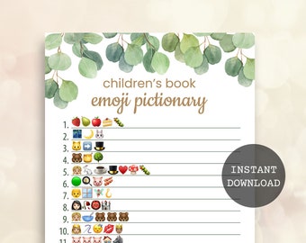 Eucalyptus children's book emoji pictionary Greenery baby shower games printable