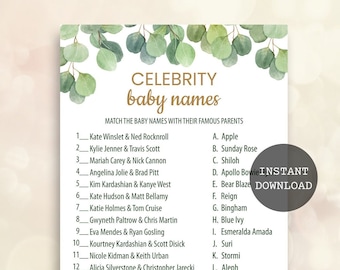 Celebrity baby names Greenery baby shower games printable Eucalyptus baby shower game