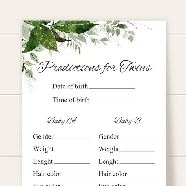 Twins predictions Greenery baby shower games printable Fun baby shower game