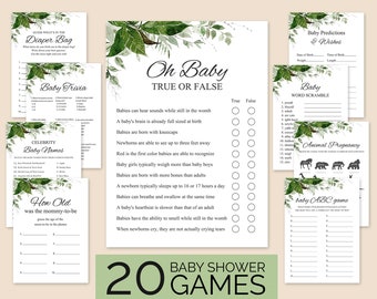 20 baby shower games bundle Greenery baby shower games package Botanical baby shower games printable