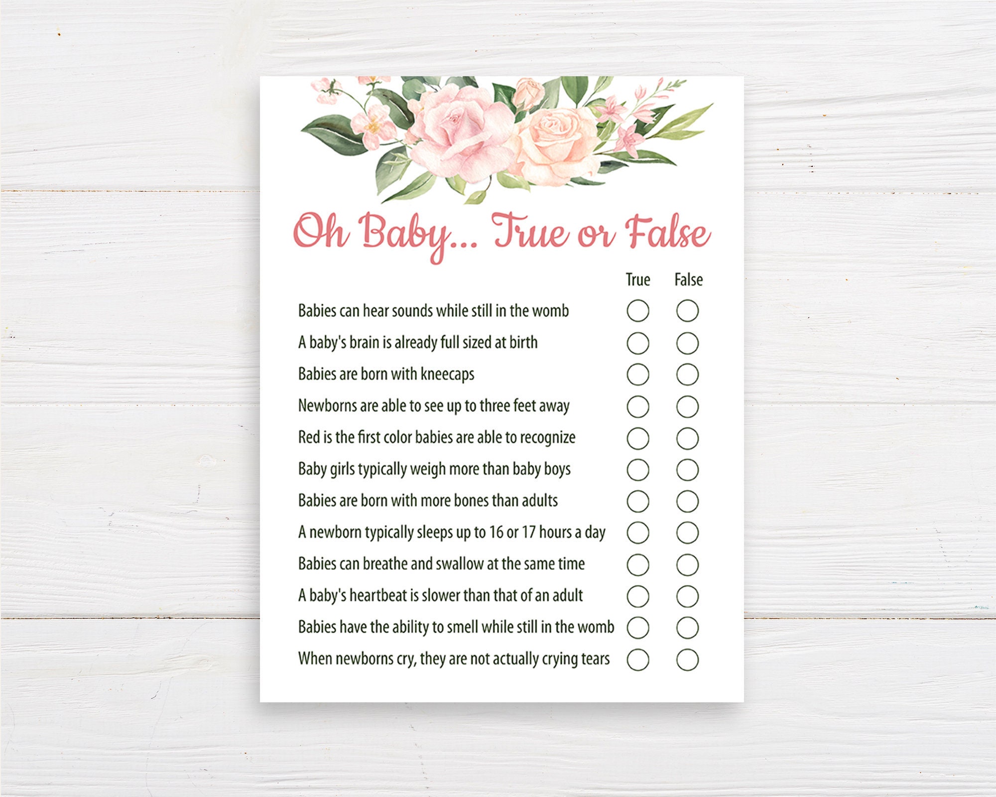 Oh Baby True or False Floral Baby Shower Games Printable Blush Pink