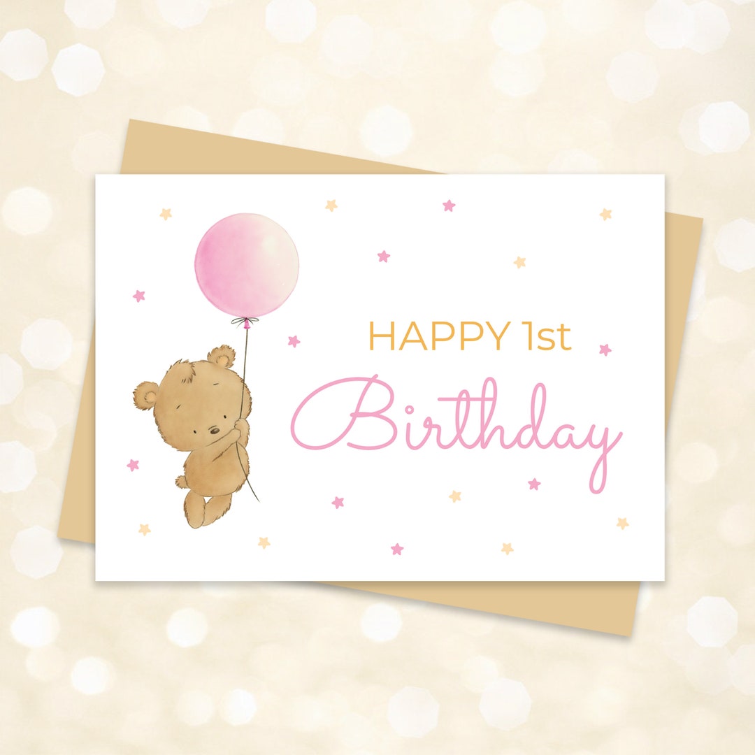 Printable Happy First Birthday Card Cute Bear Birthday Card Folded 1st ...