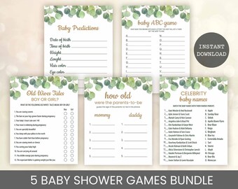 Eucalyptus greenery baby shower games bundle printable Fun baby shower games