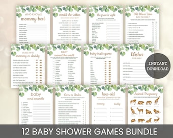Eucalyptus baby shower games bundle Baby shower games package printable Greenery baby shower games