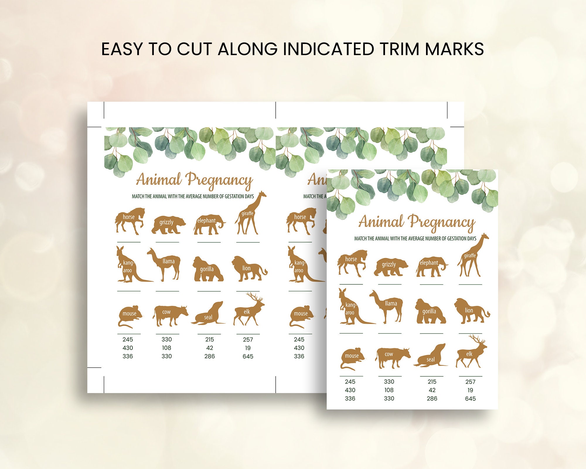 Animal Pregnancy Game Animal Gestation Game Greenery Baby Shower Games ...