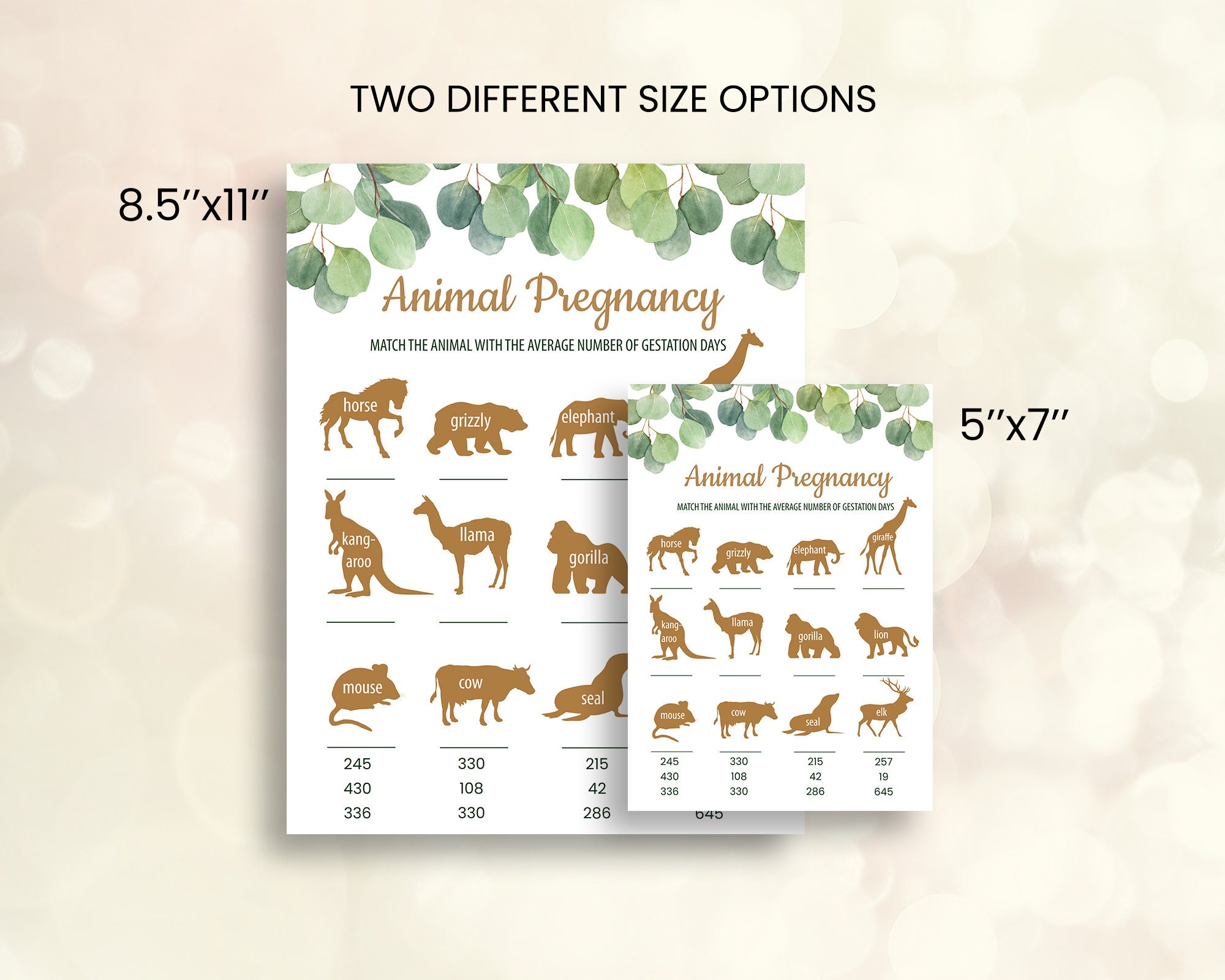 Animal Pregnancy Game Animal Gestation Game Greenery Baby Shower Games ...