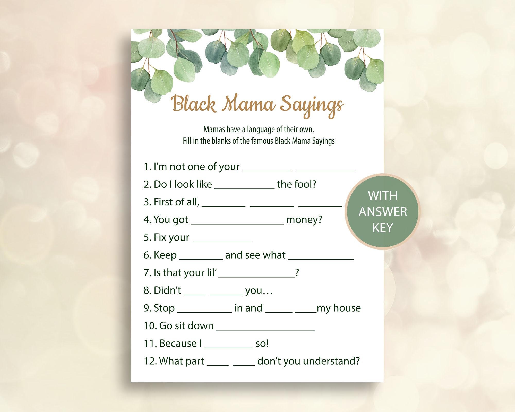 Black Mama Sayings Baby Shower Game, Eucalyptus Baby Shower Game ...