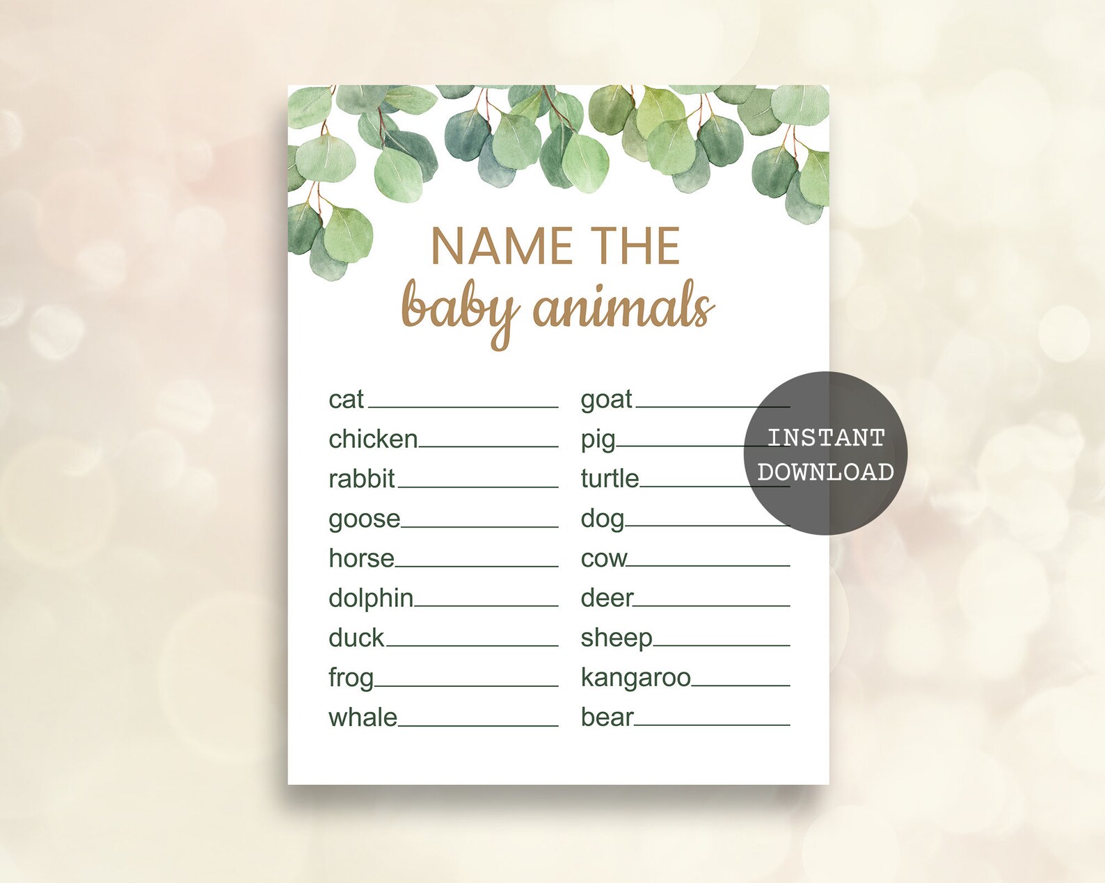 Name the Baby Animals Game Greenery Baby Shower Eucalyptus Baby Shower