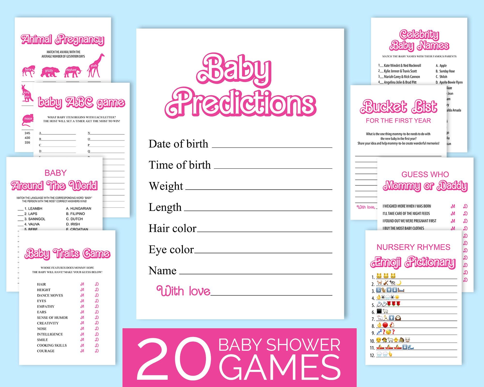 Hot pink doll baby shower games bundle Printable fun baby shower games