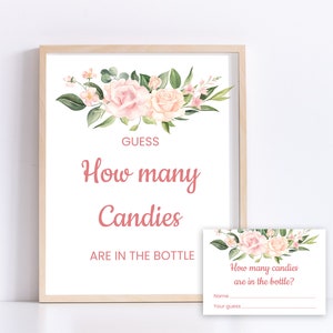 How many candies are in the bottle game Floral baby shower sign Blush pink baby shower printable