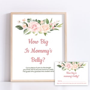 Quão grande é a barriga da mamãe Jogo Sinal floral para chá de bebê Jogo de chá de bebê rosa blush