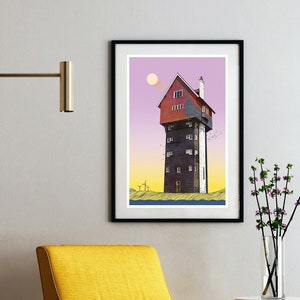 May include: A framed illustration of a tall, red and black house with a white roof and windows. The house is set against a pink and yellow sky with a white sun and a few birds flying above. The house is surrounded by green grass and a few windmills.