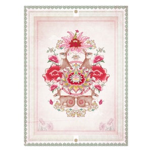 May include: A vintage-style illustration of two rabbits surrounded by pink and red flowers and intricate gold designs. The rabbits are facing each other and have a floral design behind them.