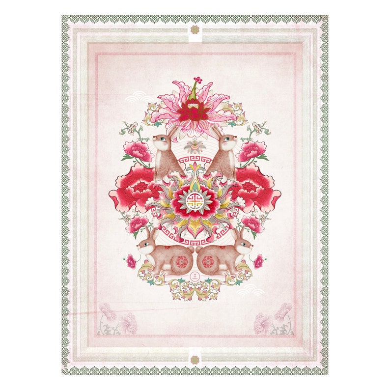 May include: A vintage-style illustration of two rabbits surrounded by pink and red flowers and intricate gold designs. The rabbits are facing each other and have a floral design behind them.