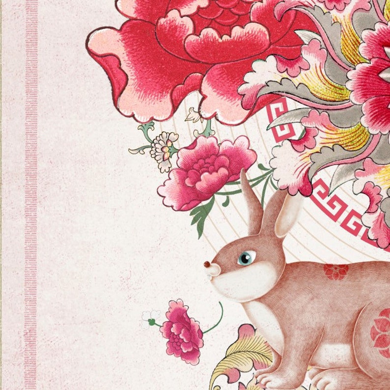 May include: A brown rabbit with a white face and blue eyes sits in front of a pink and yellow floral design. The design includes peonies and stylized leaves. The background is a light beige.