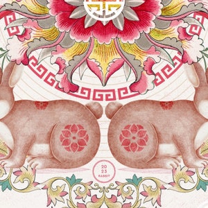 May include: A vintage illustration of two brown rabbits with red floral designs on their backs. The rabbits are facing each other and are surrounded by a red and yellow floral design. The text "20 23 RABBIT" is in a circle at the bottom of the image.
