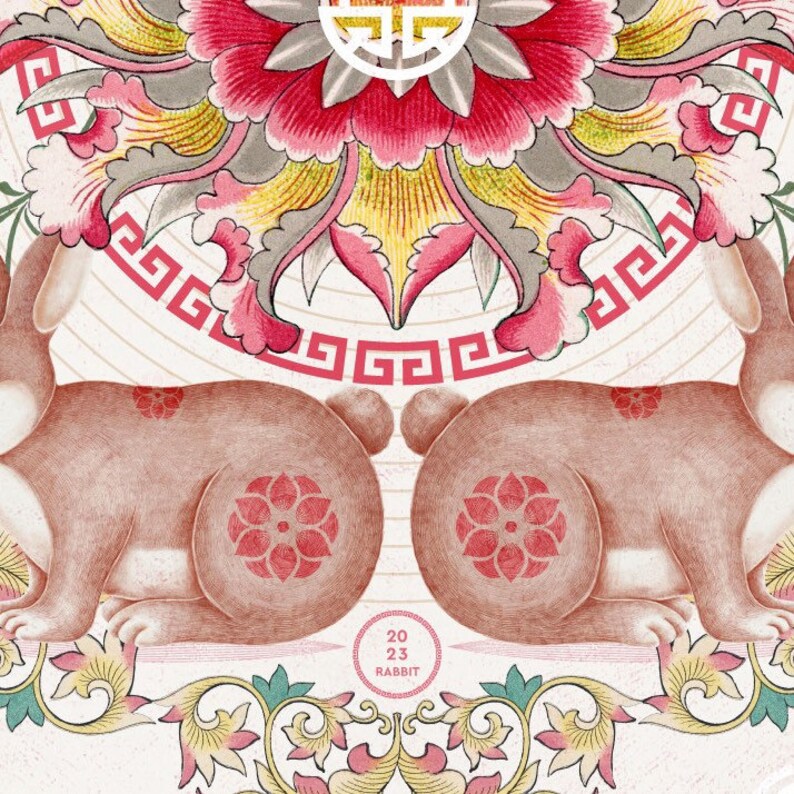 May include: A vintage illustration of two brown rabbits with red floral designs on their backs. The rabbits are facing each other and are surrounded by a red and yellow floral design. The text "20 23 RABBIT" is in a circle at the bottom of the image.