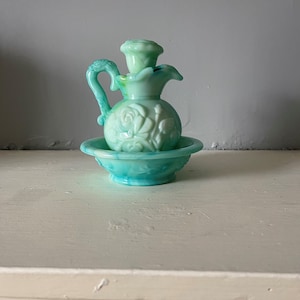 Vintage Avon blue green jade milk glass jug and bowl skin so soft