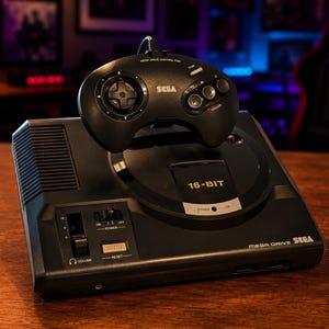 May include: A black Sega Mega Drive video game console with a matching wired controller resting on top. The console features a 16-bit cartridge slot, a power switch, a reset button, and a volume slider. The Sega logo is printed on the console and controller.