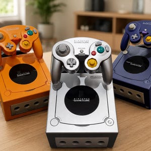 Peut inclure: Trois consoles Nintendo GameCube en orange, argent et indigo, chacune accompagnée d'une manette assortie. Les consoles présentent un couvercle de disque circulaire avec le logo Nintendo GameCube, quatre ports manette et un bouton d'alimentation.