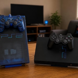 Peut inclure: Une console PlayStation 2 bleue translucide avec une manette bleue assortie et une console PlayStation 2 noire avec une manette noire. Les deux consoles affichent le logo PS2 en lumière bleue et sont placées verticalement sur des supports bleus.