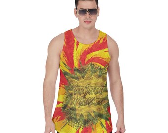 May include: A sleeveless tank top with a yellow, red, and green swirl pattern. The tank top has a large, gold starburst with the text "Your Planet My Planet" in the center.