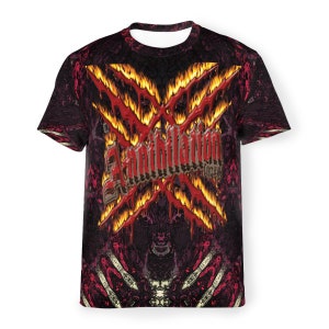 May include: A black t-shirt with a graphic print of a red and gold cross with the word "Annihilation" in a gothic font.
