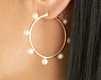 Pearl Hoop Earrings, 18k Gold Sterling Silver, Bridal Statement Earrings