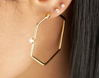 Gold Plated Sterling Silver Hexagon Hoop Earrings, Zirconia Diamond