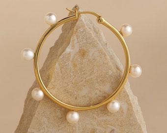 Freshwater Pearl Hoop Earrings, 18K Gold Plated Sterling Silver