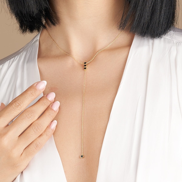 Delicate Lariat Necklace, Onyx y necklace, Long layering necklace, Drop bar necklace, Statement body chain necklace, Infinity necklace
