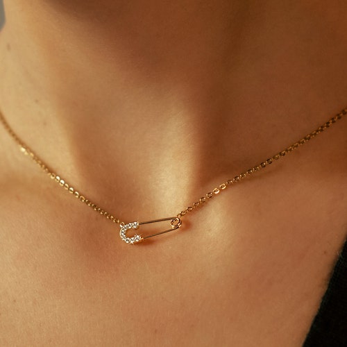 Safety Pin Necklace Dainty Gold Necklace Tiny Sparkling Etsy