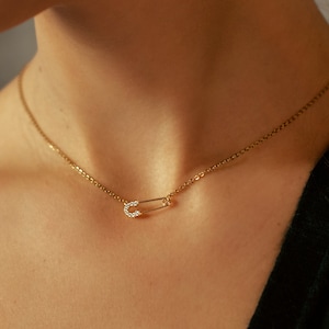 Safety Pin Necklace - Dainty gold Necklace - Tiny Sparkling Cubic Zirconia - Handmade - Great Gift for her, Birthday, Bridesmaid