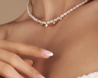 Freshwater Pearl Necklace, Diamond Sterling Silver Bridal Choker