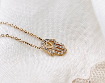 Dainty Hamsa Necklace, Fatima Hand Amulet, Gold Stainless Steel