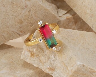 Baguette Cut Watermelon Tourmaline ring, Victorian cocktail ring, Adjustable matching rings, Vintage couple ring, Gift for Woman