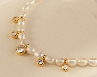 18K Gold Plated Freshwater Pearl Necklace, Sterling Silver Diamond Collar