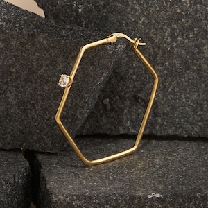 Minimalist Hexagon Hoop Earrings, Bridal statement star hoop earrings, Geometric hexagon handmade gold earrings, Silver dangle earrings