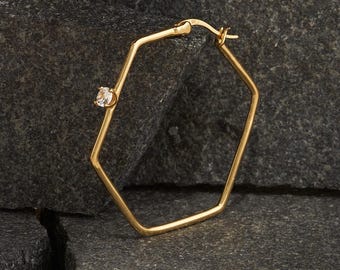 Gold Plated Sterling Silver Hexagon Hoop Earrings, Zirconia Diamond