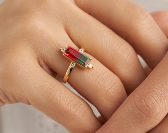 18K Gold Watermelon Tourmaline Ring, Adjustable Sterling Silver Cocktail Ring